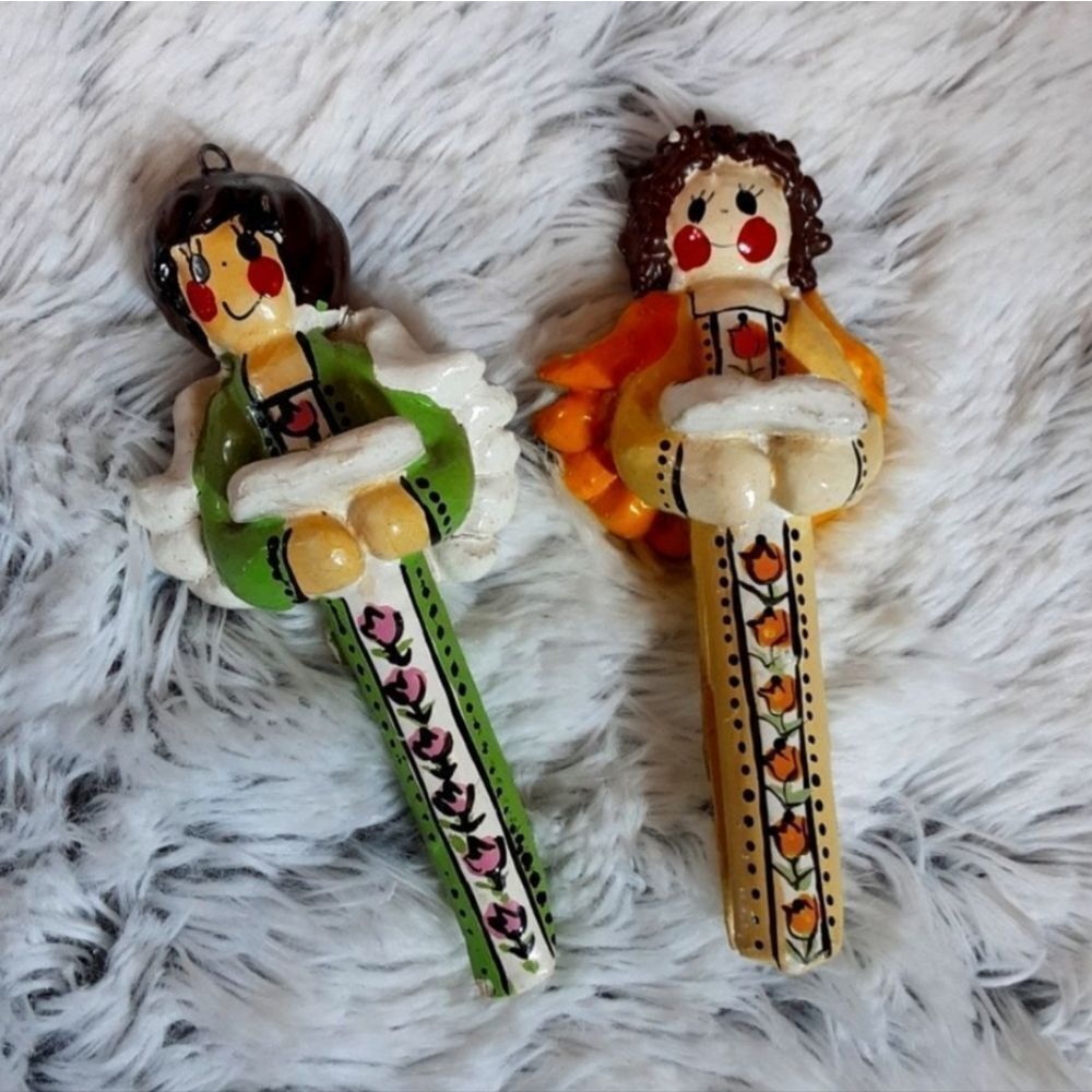 Vintage Tree Ornaments Set‎ of Two Clothespin Angels Handcrafted 1975